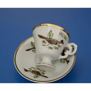 Arizona Roadrunner Souvenir Cup & Saucer Set Bird Gold Accents Saguaro‎ Vintage